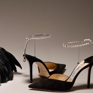 Jimmy Choo Saeda 100 Black Crystal Pointed Toe Pumps Heels Sandals US9.5/IT39.5
